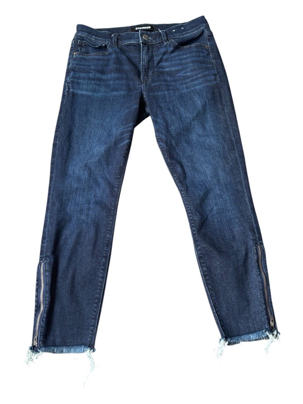 Express Repreve Dark Blue Mid-Rise Ankle Zip Raw Hem Jeans